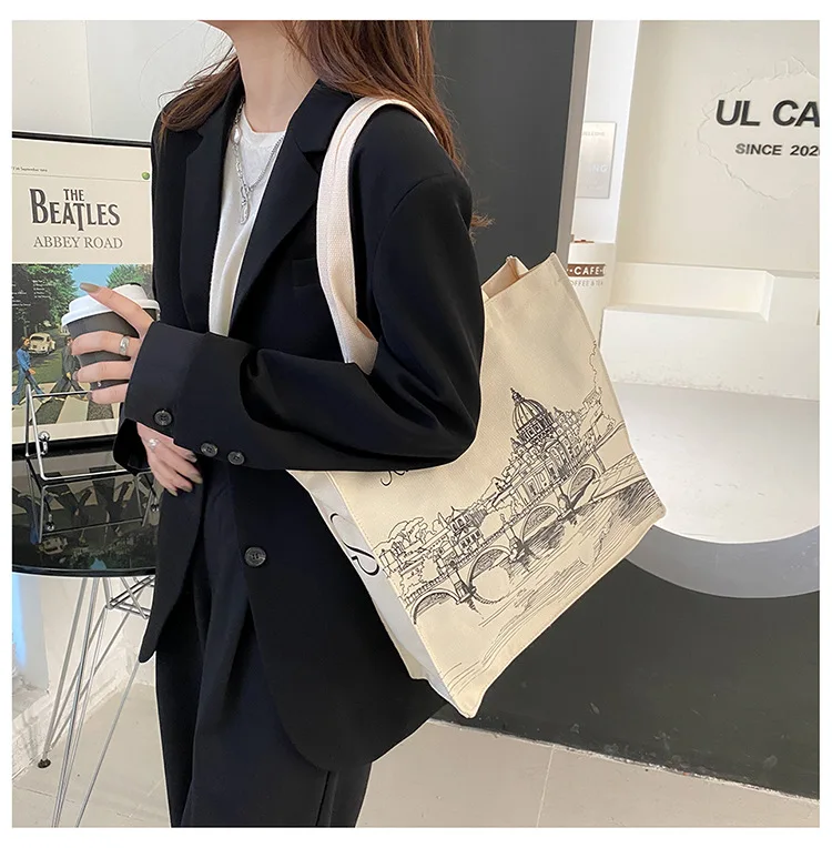 Women Canvas Shoulder Bag Rome Italy Print Shopping Bags Students Books Bags Female Cloth Handbags Thick Cotton Tote For Shopper