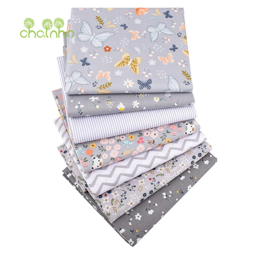 Chainho,Printed Twill Cotton Fabric,Gray Floral Series,Patchwork Cloth For DIY Sewing Quilting Baby &Children's Bedding Material