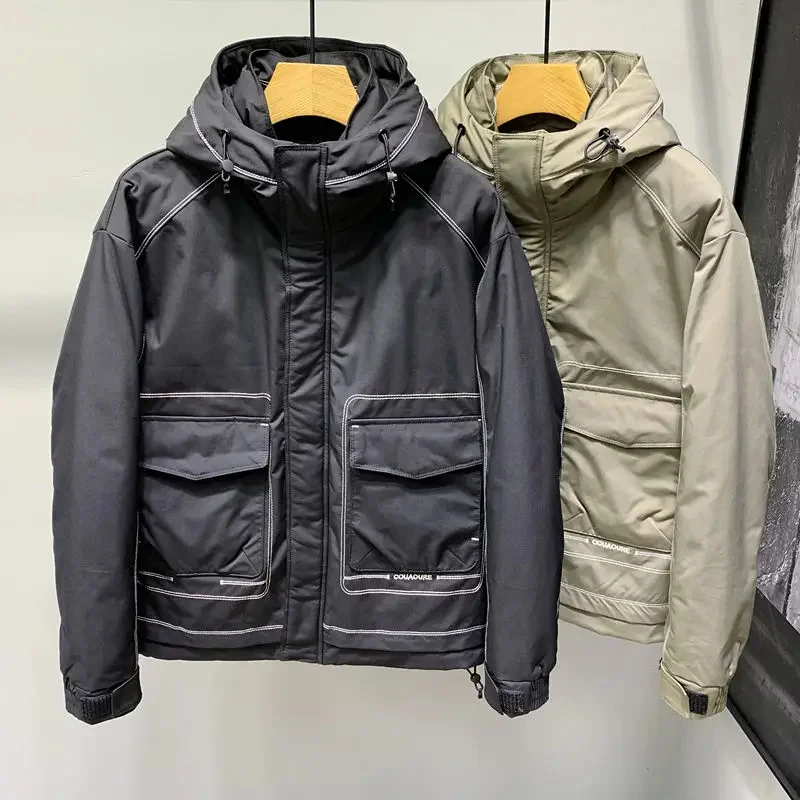 

Down Jacket Winter Warm Men Clothing Hooded Coat Big Pocket Bomber Windproof Zip Long Sleeve Brand Outerwear