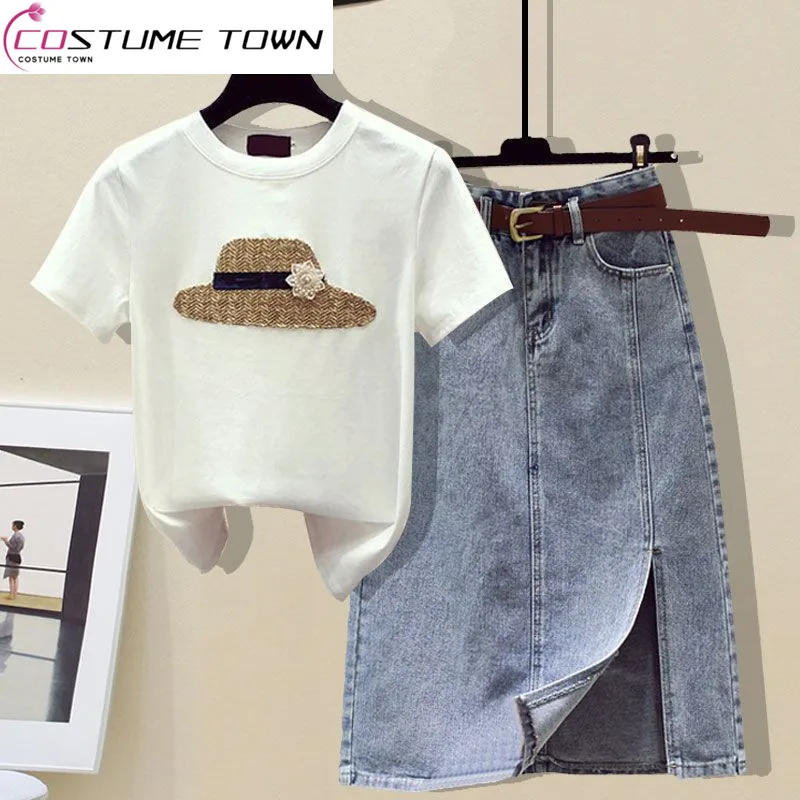 2023 Spring/Summer New Set Fashion Age Reducing Short Sleeve T-shirt+High Waist Split Denim Skirt Two Piece Set for Women