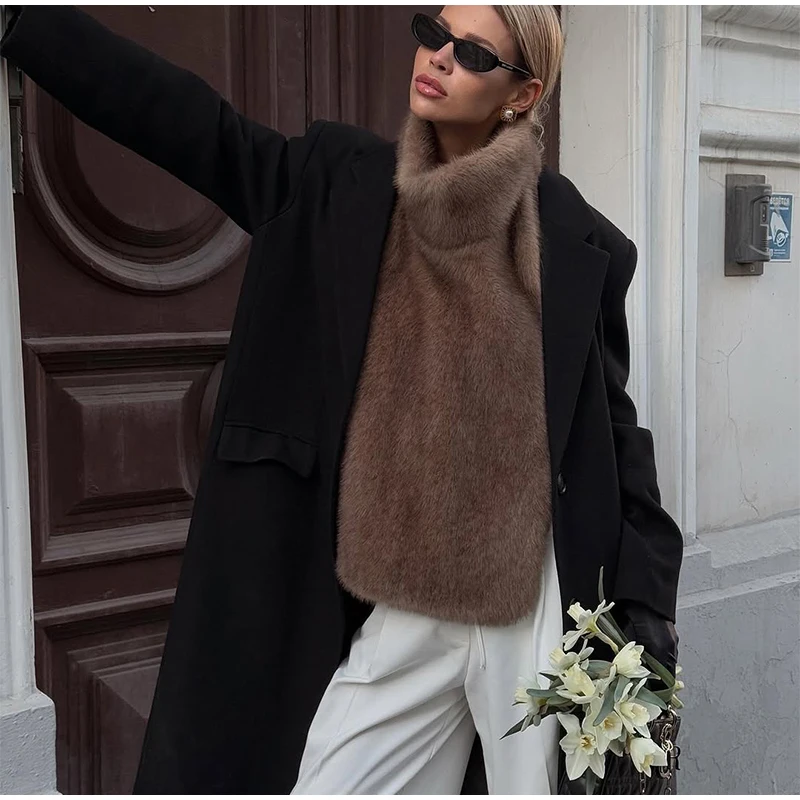 Women Solid Stand Collar Faux Fur Vest Chic High Collar Sleeveless Loose Short Waistcoat Casual 2025 Lady Daily New Street Vests