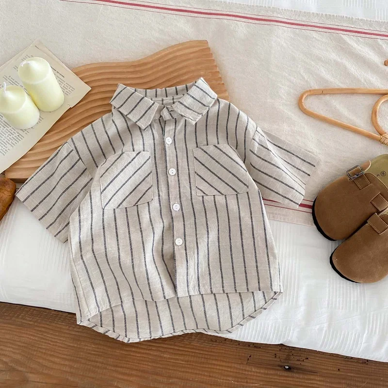 Summer Children's Set Vintage Stripe Boys Short sleeved Shirt Shorts Set Solid Color Polo Collar Cardigan Top Baby Clothes