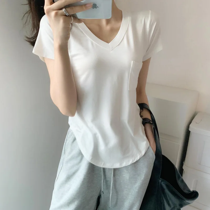 

Summer Women's Modal T-Shirts Solid Color Short Sleeve Sexy V-Neck Korea Stylish Loose Casual Classic Female Tops Tees C5063