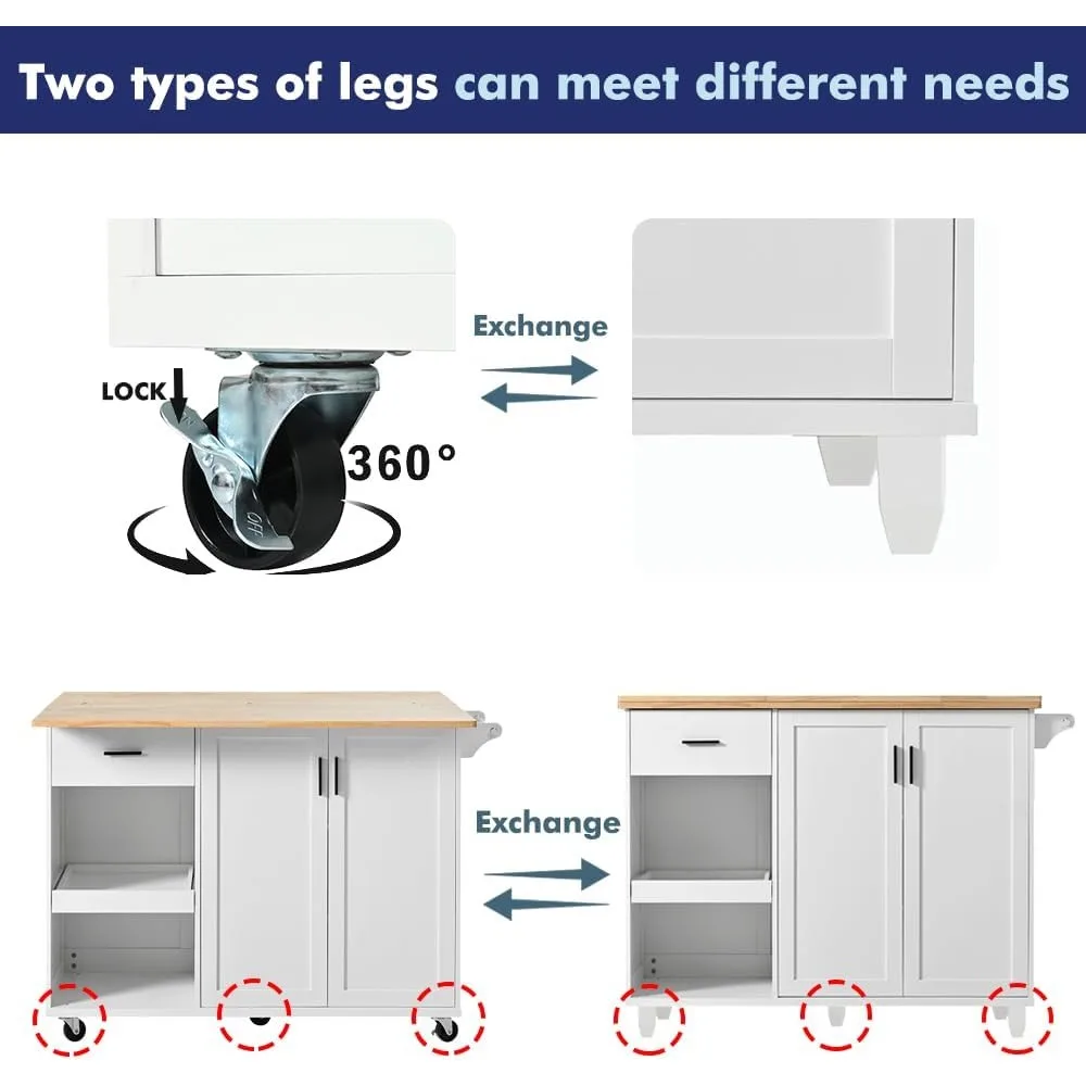 Rolling Kitchen Island on Wheels with Storage Cabinet and Drawers, Kitchen Cart with Slide-Out Leaf, Island Table