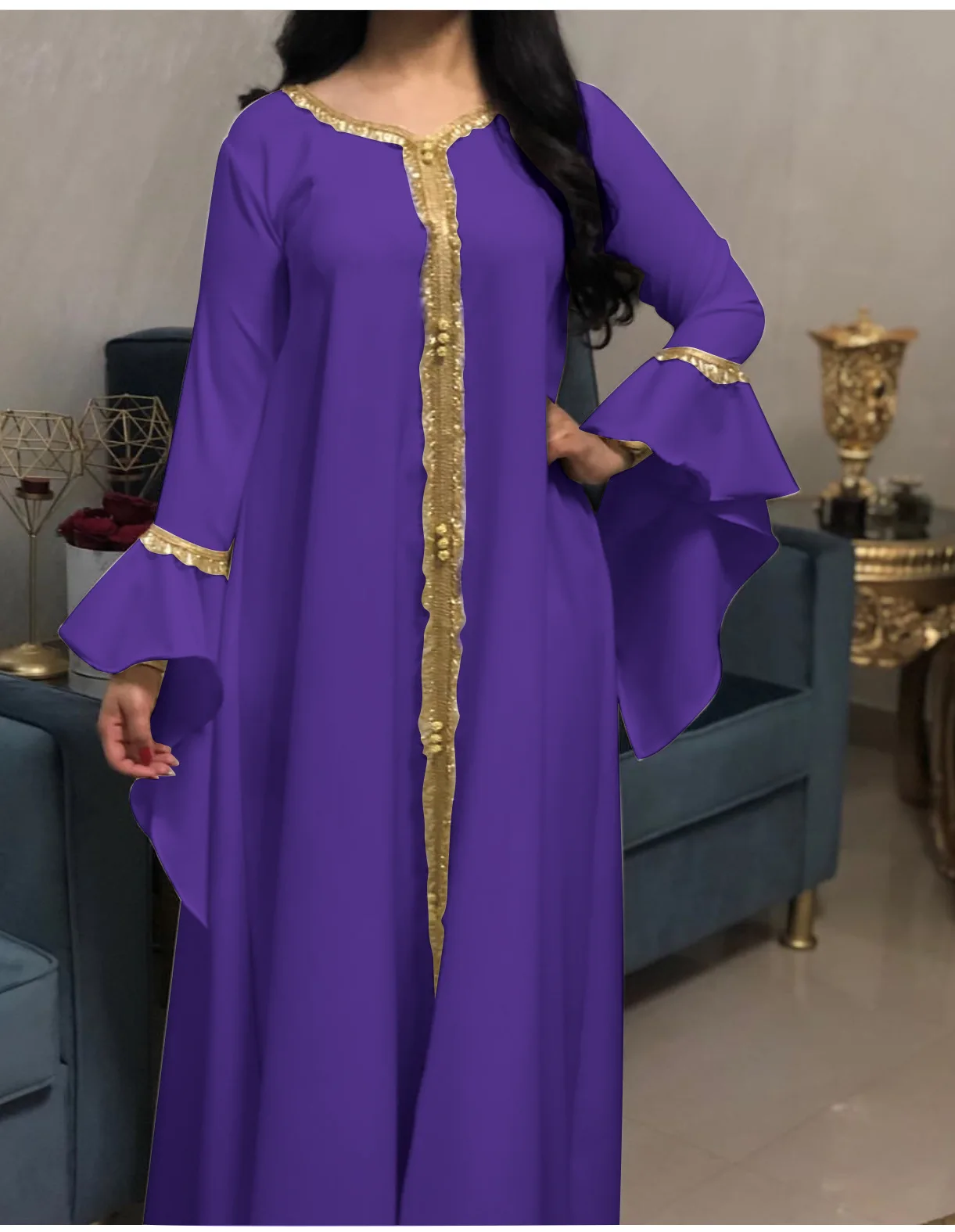 

Ramadan Dubai Embroidery Bronzing Maxi Dress Muslim Women Party Long Sleeve Gown Islamic Eid Loose Robe Abaya Kaftan