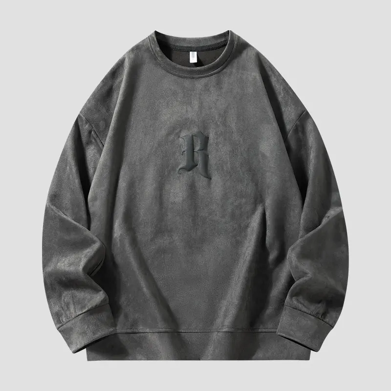 Men's Hoodie Autumn and Winter Pullover with Round Neck Patchwork Print Fashi and Casual Commuting Suede Loose Long Sleeved Tops
