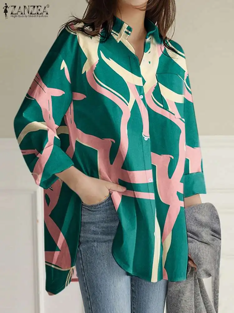 

Женские топы с принтом ZANZEA, праздничная летняя рубашка с длинным рукавом 2024, корейские модные офисные топы, блузка, туники с воротником с лацканами большого размера