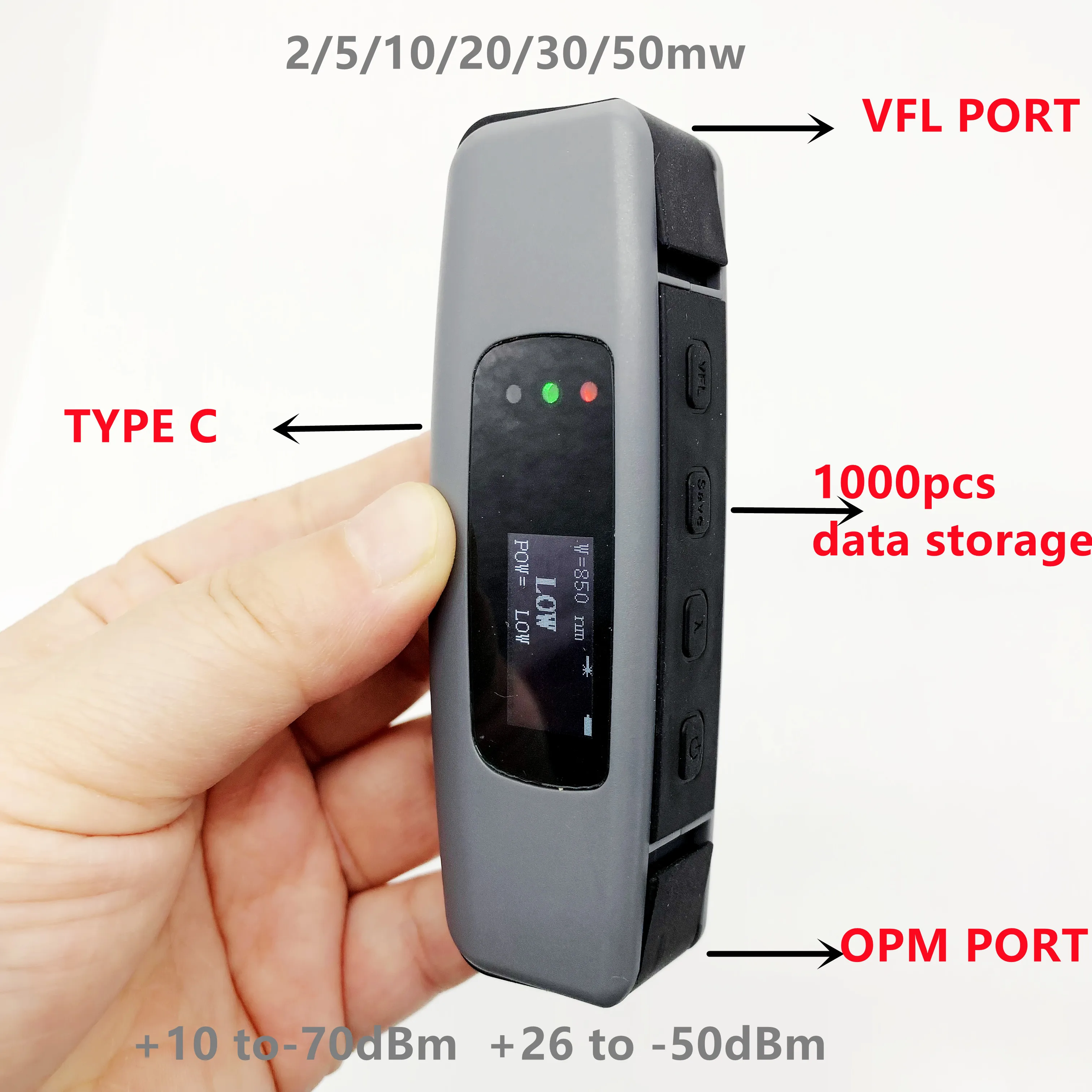 

FTTH New 2 in Mini Rechardgeable Optical Power Meter with VFL -70~+10dBm/-50~+26dBm Visual Fault Locator 2/5/10/20/30/50mw