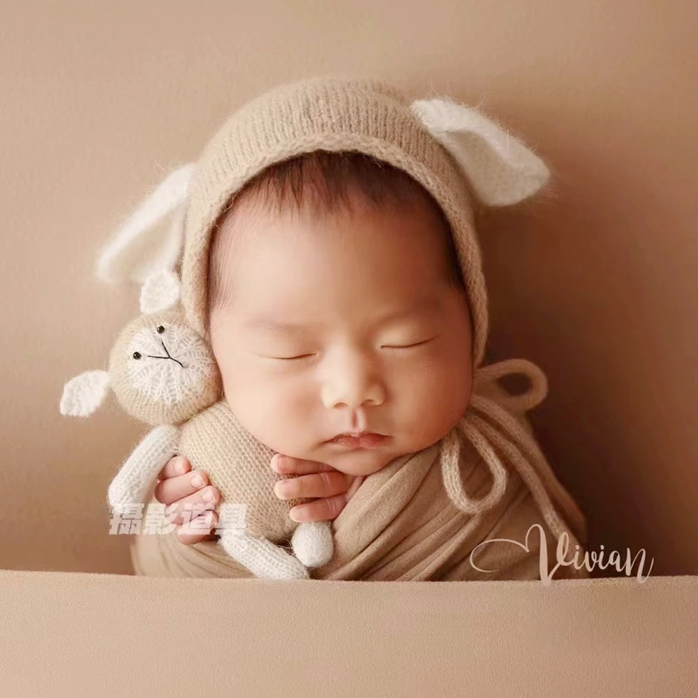 Knitted Newborn Hat with Toy Newborn Photography Props Baby Hat Stuffed Animal Shooting Bear Bonnet Baby Photo Shoot Accessories