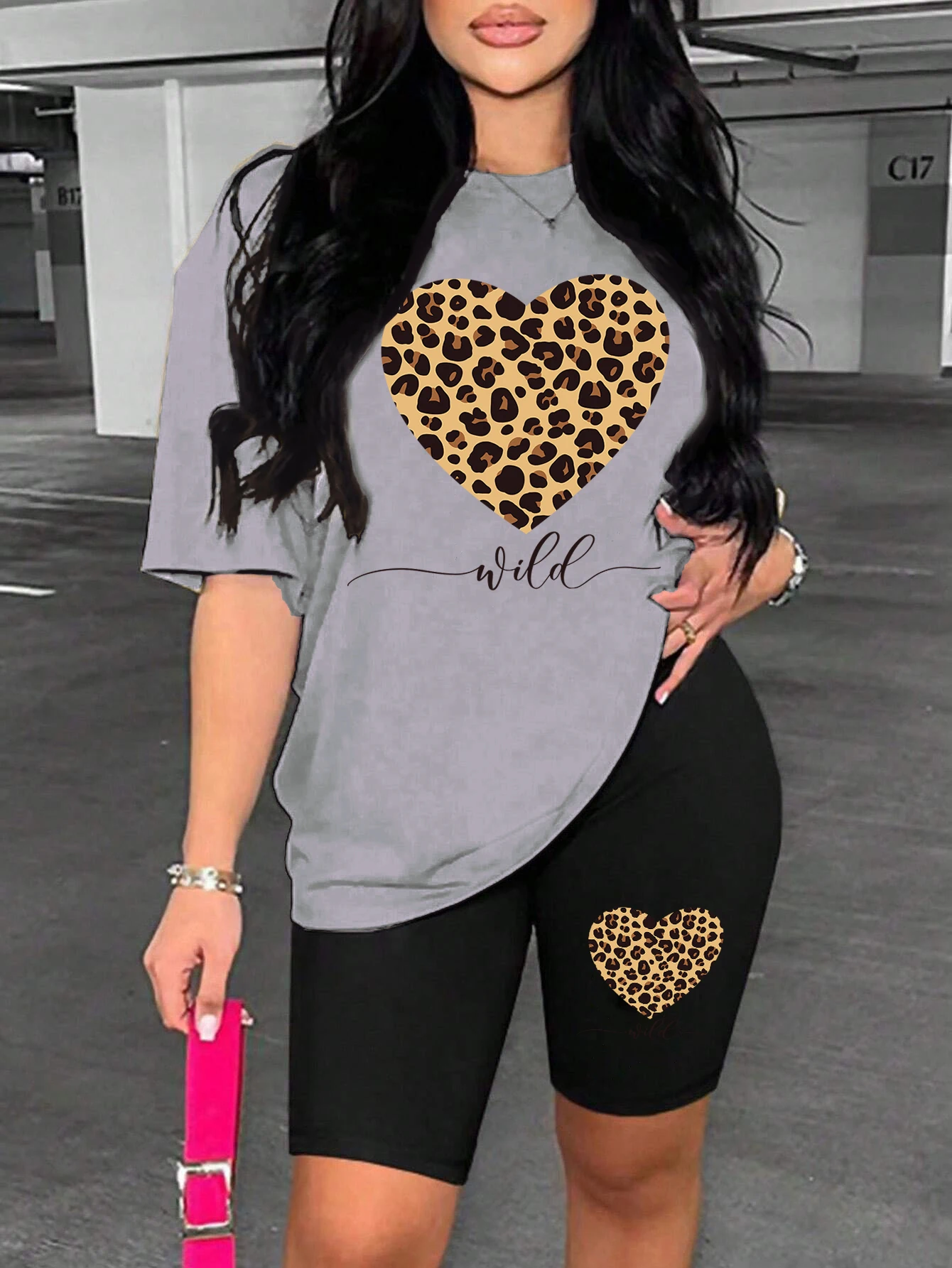 Leopard Heart Pattern Printing Shorts Sets Fashion Cartoon Women'S Two Piece Set Breathable Comfortable Short Sleeved Shorts Set 1