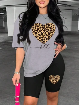 Leopard Heart Pattern Printing Shorts Sets Fashion Cartoon Women'S Two Piece Set Breathable Comfortable Short Sleeved Shorts Set 1