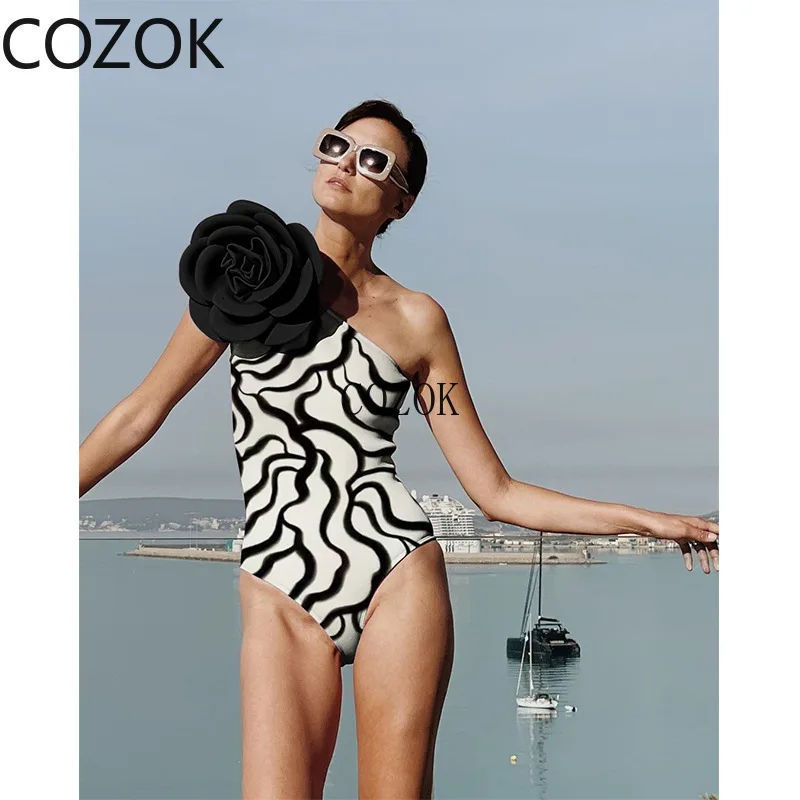 Women Swimsuit Simple Solid Color One-Piece with Cluster Decoration In Black/White on The Shoulders, Fashionable and Elegant