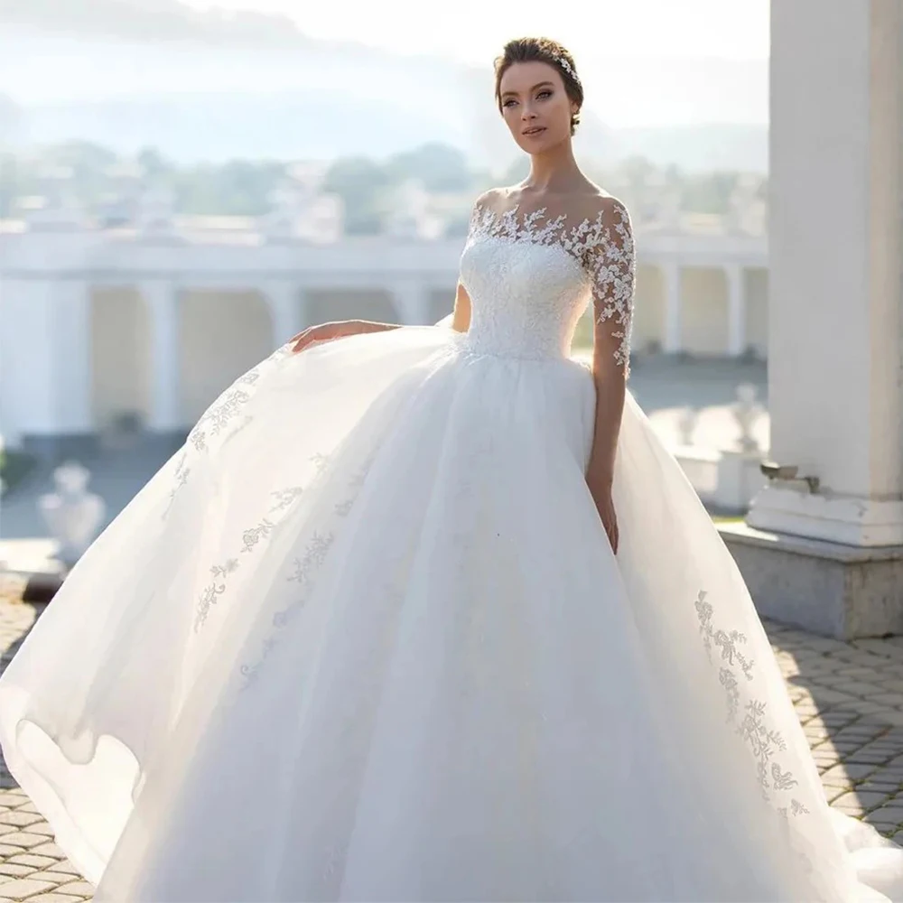 

Classic A-Line Tulle Wedding Dress Scoop Neck Half Sleeves with Applique Illusion Bridal Sweep Train Custom Made Marriage Gowns