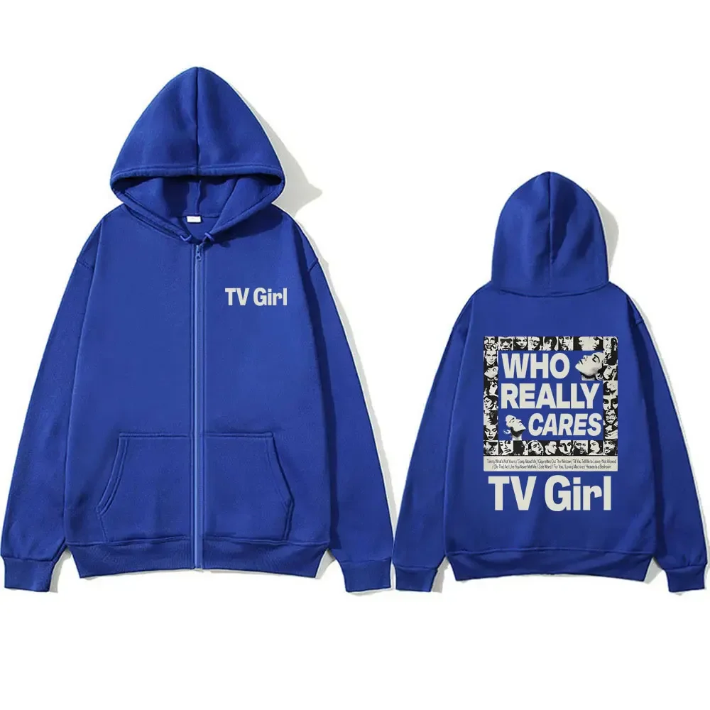 New Tv Girl Men Women Vintage Oversized Zip Up Hoodies Who Really Cares Graphic Zipper Hoodie Unisex Casual Fleece Zip Up Jacket