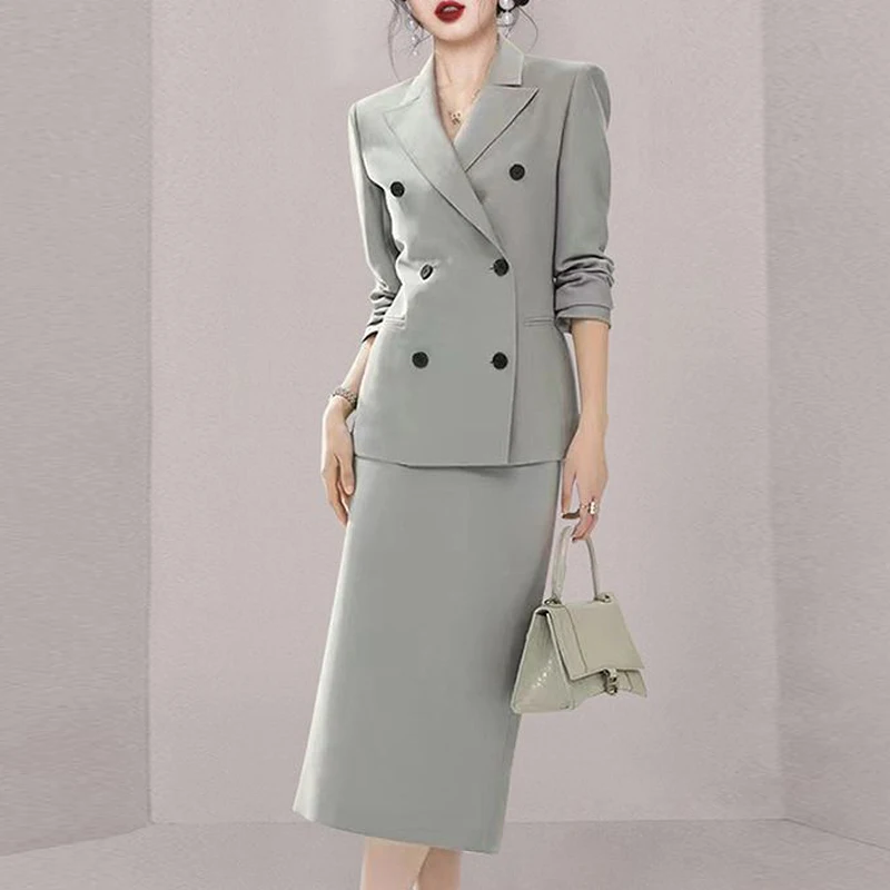 

Women Spring Autumn Formal Business Sets Elagant Double Breasted Blazer Jacket Coats Knee Length Skirts Suits Casual Office Work