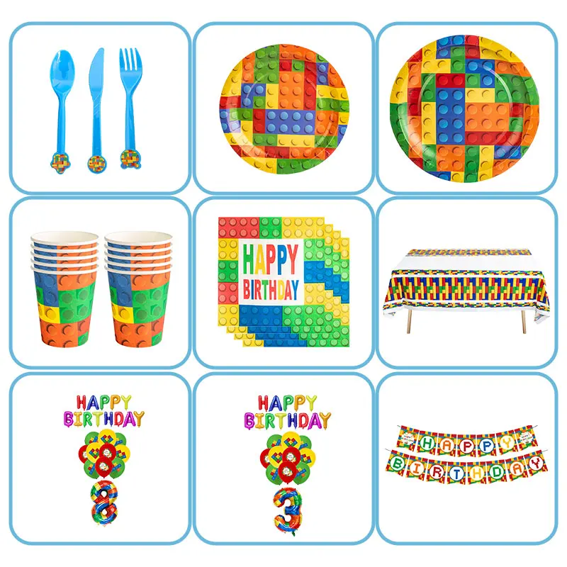 Bausteine Geburtstag Party Dekoration Geschirr Tasse Teller Ballon Banner Hintergrund Servietten für Kind Thema Party Liefert Geschenke