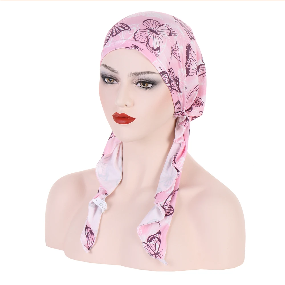 

New Women Pre-Tied Scarf Chemo Cap Hijab Muslim Headscarf Print Headwear Hair Loss Head Cover Beanies Wrap Bonnet Hat Bandanas