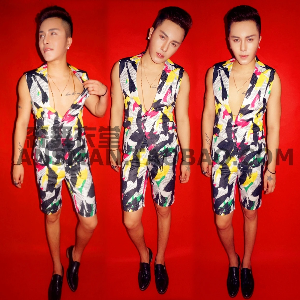 

New Nightclub Bar Singer DJ Hosts Colorful Graffiti Fashion Sleeveless Vest Suit Set For Men's Casual Performance Wear