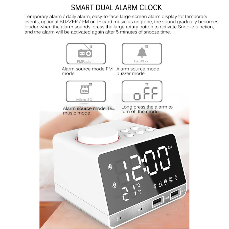 Reloj despertador Digital LED K11 con 2 puertos USB, reloj despertador Digital con Bluetooth 4,2, decoración del hogar, reloj de mesa de repetición - Imagen 4