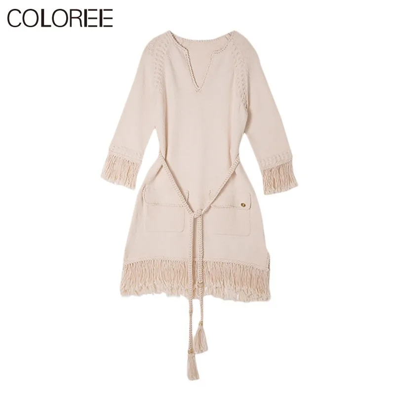 

Luxury Designer High Quality Knitted Sweater Dresses for Women 2023 Autumn Elegant Tassel V-neck Mini Dress Korean Y2k Clothes