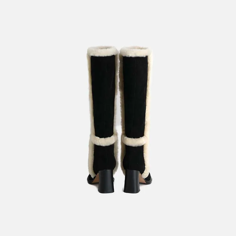 

MUMANI Woman‘s 2022 New Cow Suede Plush Slip On Square heel Round Toe Knee High British Style Snow Boots