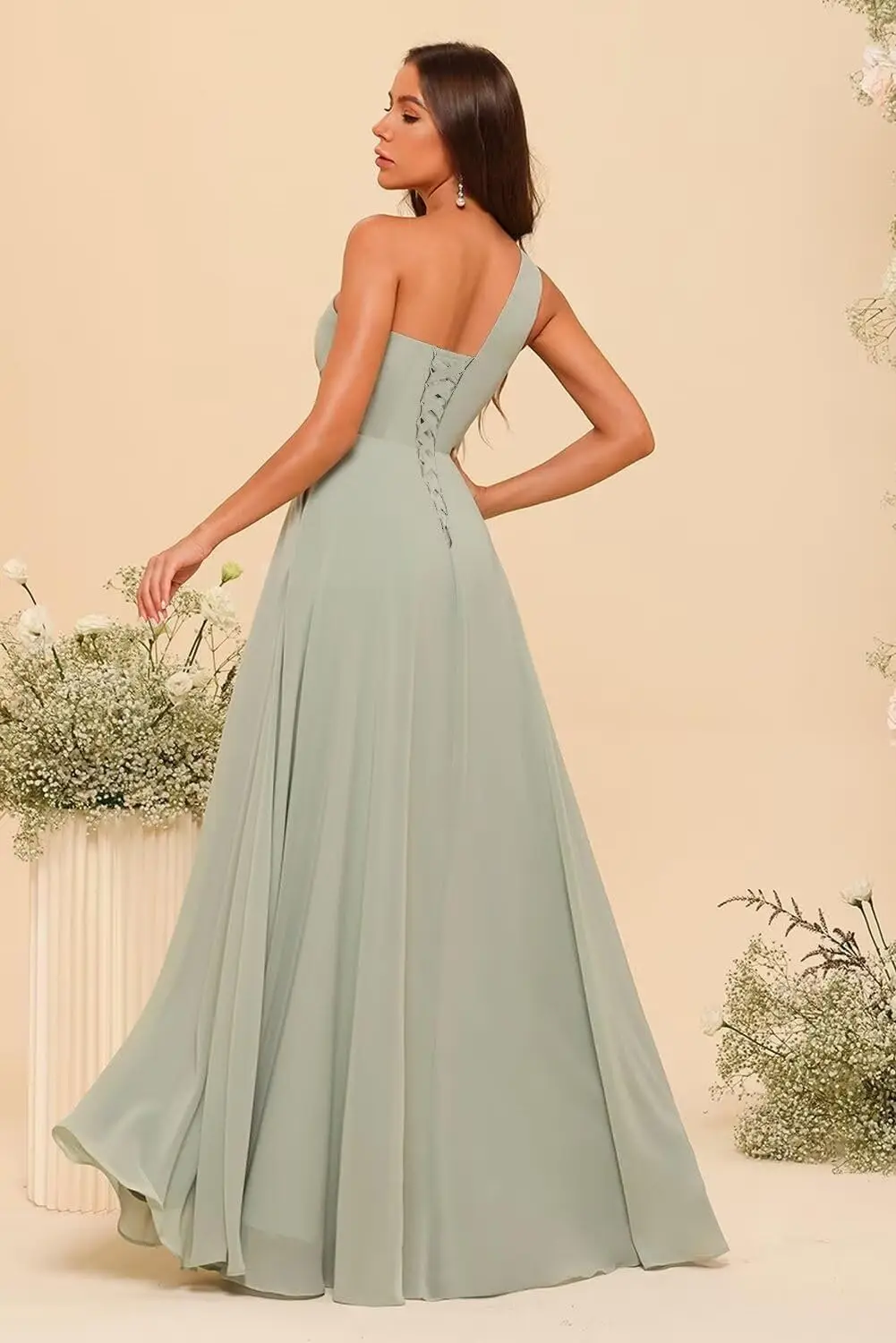 Customized Chiffon One Shoulder Bridesmaid Dress with Pleated Bodice Long A Line Formal Dresses for Women with Slit - 2