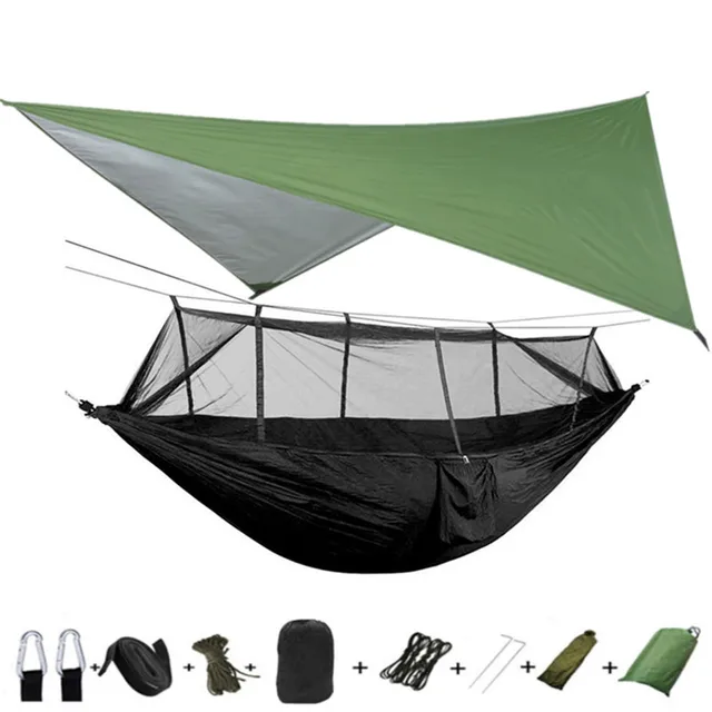Lightweight Portable Camping Hammock and Tent Awning Rain Fly Tarp Waterproof Mosquito Net Hammock Canopy 210T Nylon Hammocks Green and black
