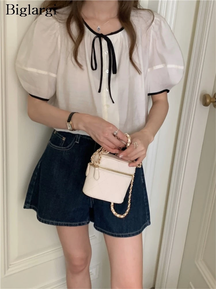 

Женская блузка с коротким рукавом, свободная плиссированная блузка с принтом и бантом в Корейском стиле, летний пуловер