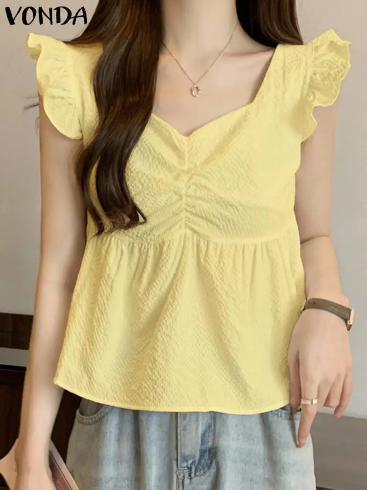 

Блузка VONDA женская с V-образным вырезом, модный топ с коротким летним рукавом, элегантная повседневная свободная Однотонная рубашка, 2024