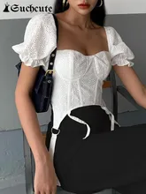 

SUCHCUTE Fairycore Solid Corset Top Women Aesthetic Casual Crop Tops Y2K Puff Sleeves T-shirts Harajuku Korean Fashion Clothes