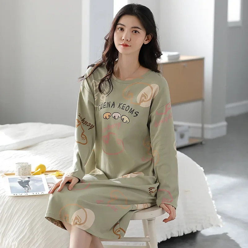 New Cartoon Cute Pajama Dress Women Spring and Fall Cotton Comfortable Rabbit Print Sweet Girl Home Long-sleeved Dress Sleepwear