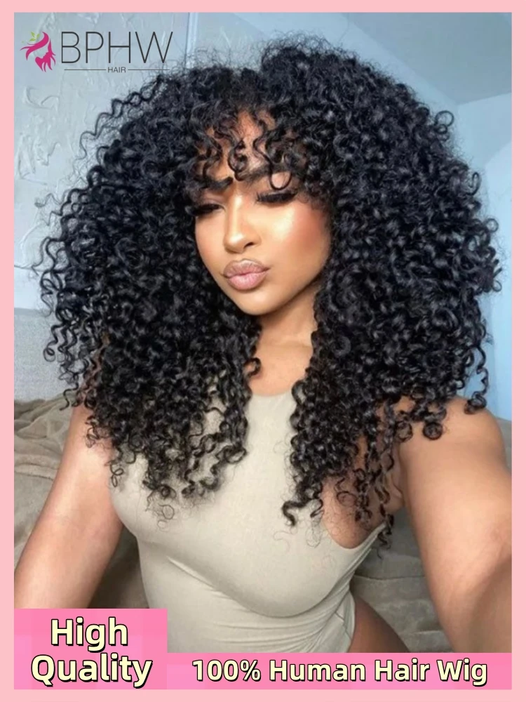 Water Wave Human Hair Wigs with Bangs Brazilian Human Hair For Women 180% Density Machine Made Deep Wave Curly Wigs Long human hair wigs