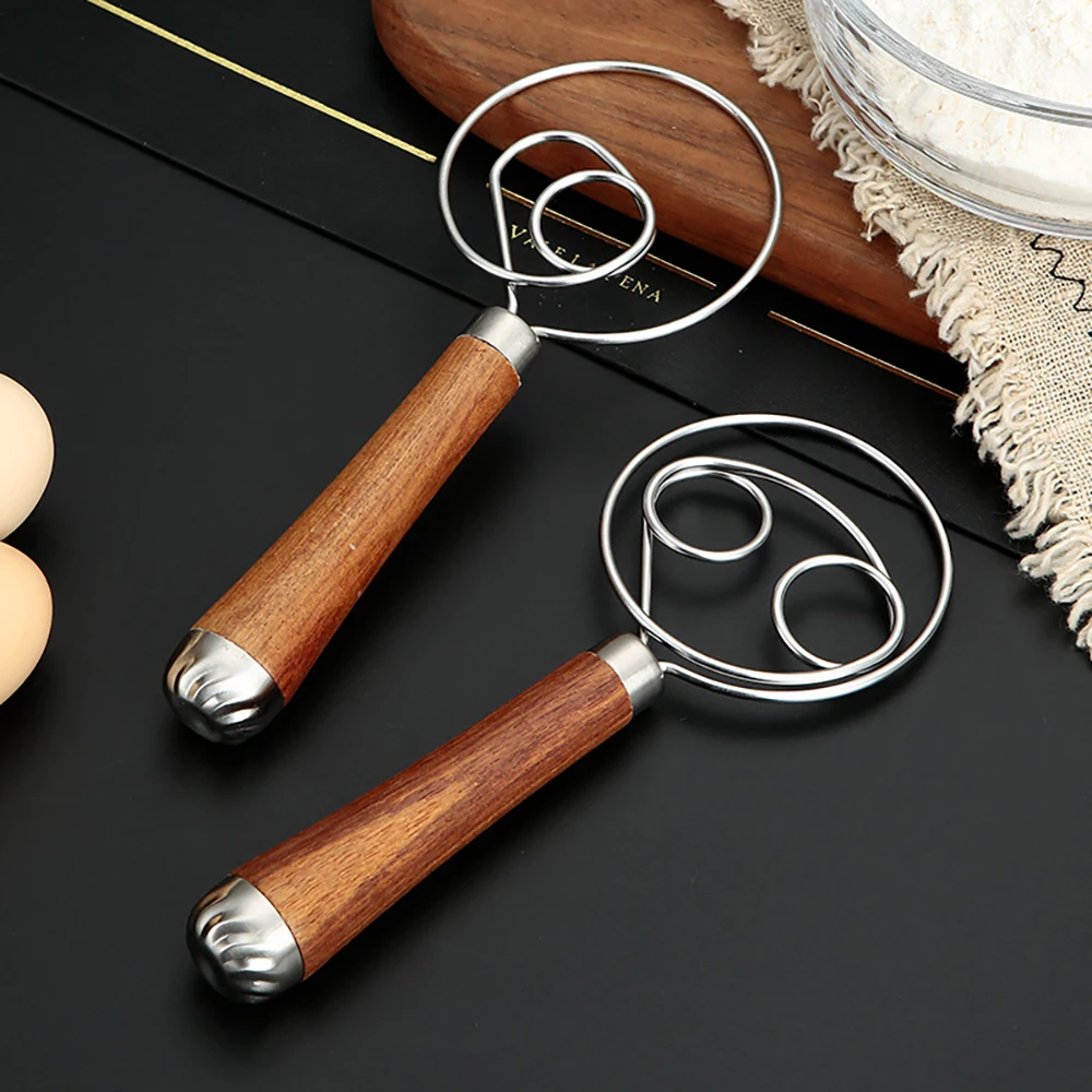Danish Dough Whisk Wooden Handle Eggs Cream Mixing Rods Double Holes Flour Cake Stirrer Whisk Kitchen Baking Tools