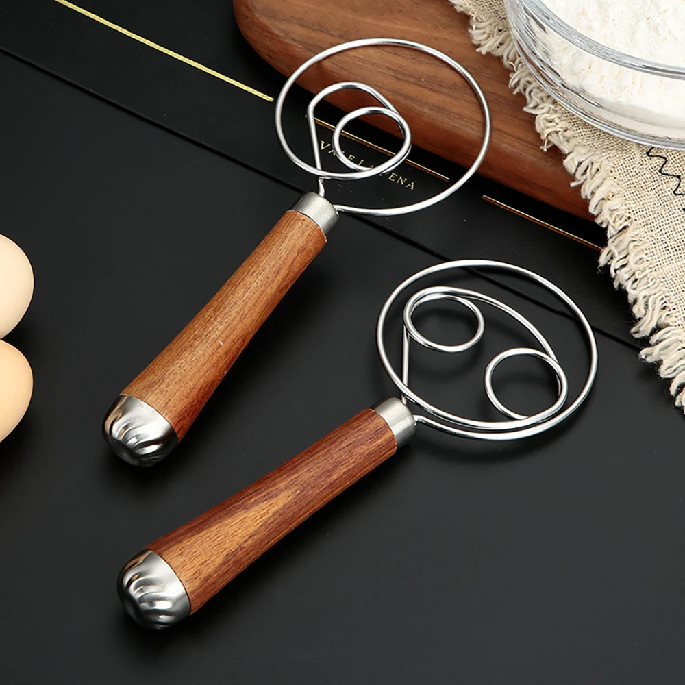 Dough Mixer Danish Dough Whisk Wooden Handle Eggs Cream Mixing Rods Double Holes Flour Cake Stirrer Whisk Kitchen Baking Tools