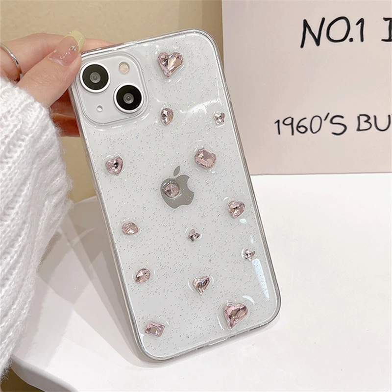 Glitter Pink Diamond Heart Epoxy Phone Case - Clear Silicone Cover