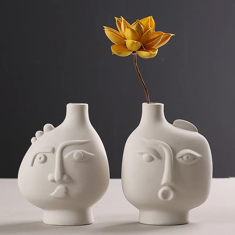 Nordic Modern Rustic Decor Face Shape Ceramic Flower Vase Abstract Art