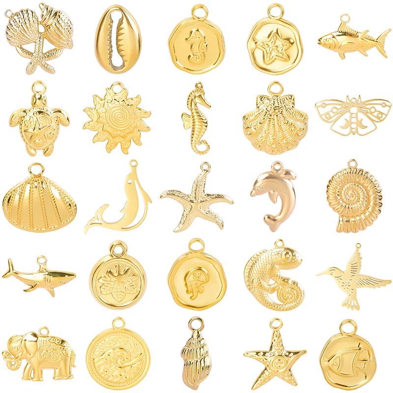 stainless steel charms 5pcs/Lot Gold Color Marine Animals Shell Starfish Turtle Shark Butterfly Charm Pendant for Jewelry Making