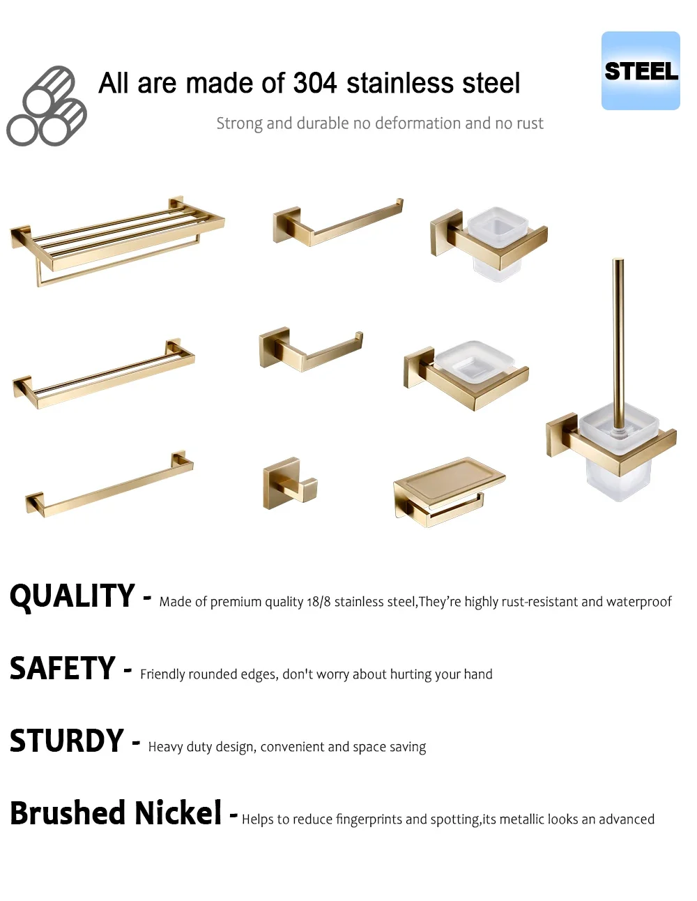 

Brushed Gold Bathroom Accessories Set Toilet Brush Holder Toilet Paper Holder Towel Bar Rail Rack Hanger Hook Soap Dish Hardware