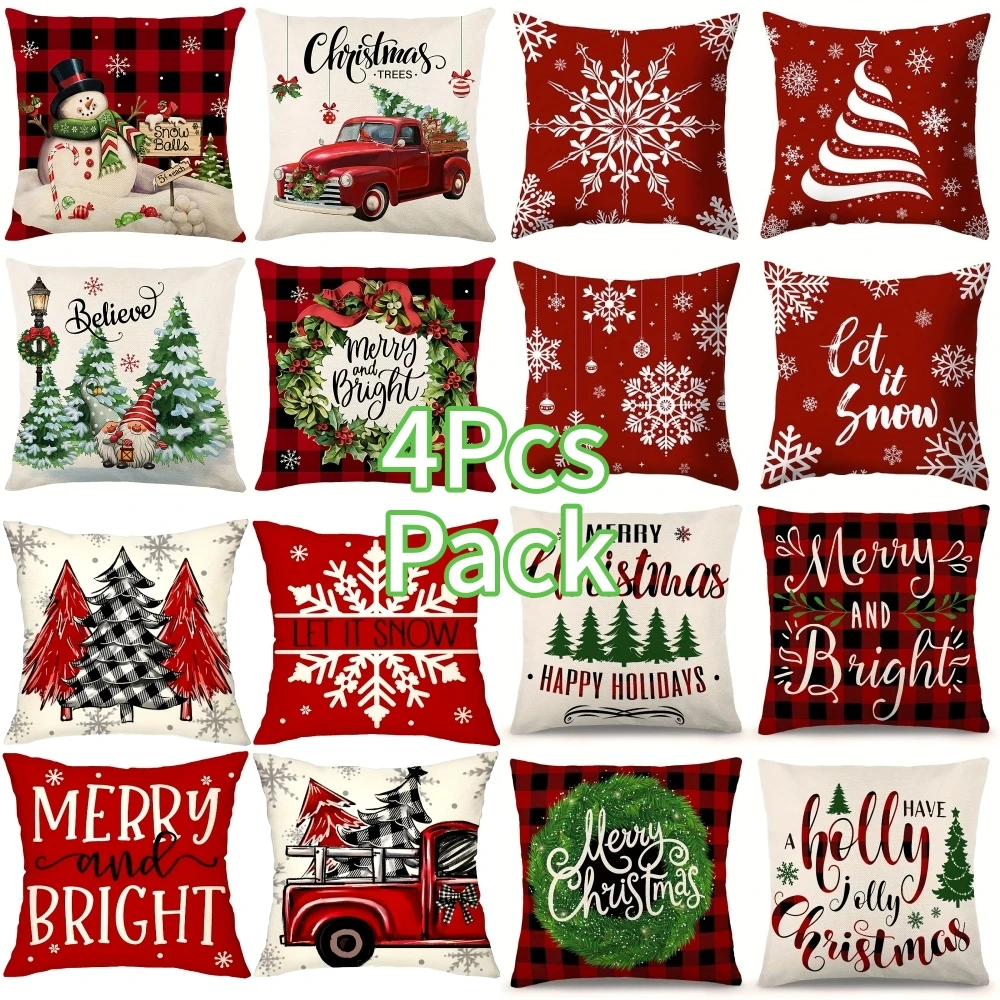 4pcs, Red Christmas Pillow Covers Christmas Decor Wreath Santa Claus Tree Holly Jolly Winter Holiday Decor Cushion Case For Home