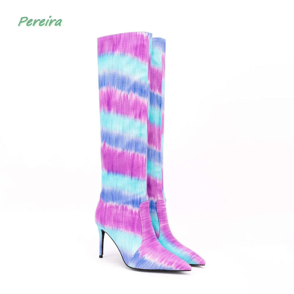

Colorful Gradient Knee Boots Flack Suede Winter Pointed Toe Thin High Heel Sexy Temperament Catwalk Shoes For Free Shipping