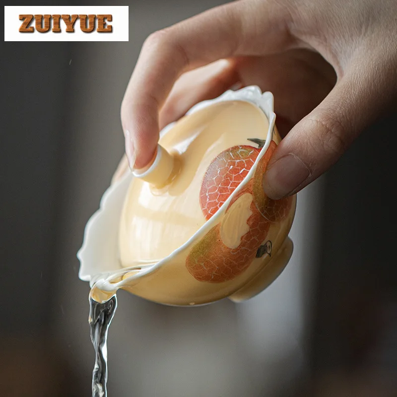 Apricot Yellow Cover Bowl Hand Painted Lychee Bowl Anti Scald Gaiwan Elegant Tea Tureen Tea Cup 120ml Chinese Set Ornaments
