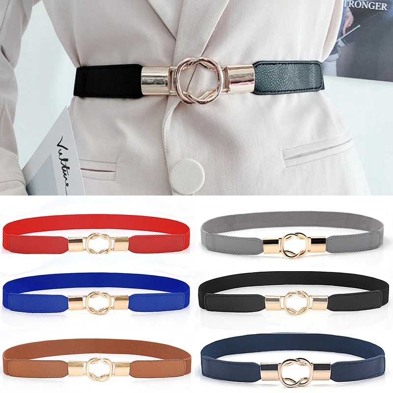 

2023 Women Girls Thin Waist Belt PU Leather Elastic Waistband Adjustable Belt Wrap Buckle Solid Color Seal Alloy Buckle