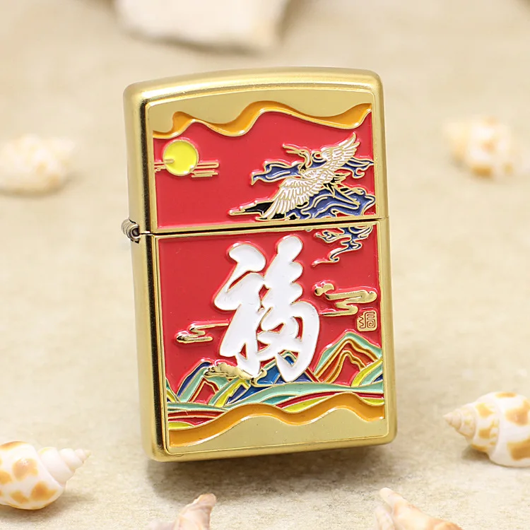 Genuine Zippo Gilded Crane Oil Lighter Copper Windproof Cigarette