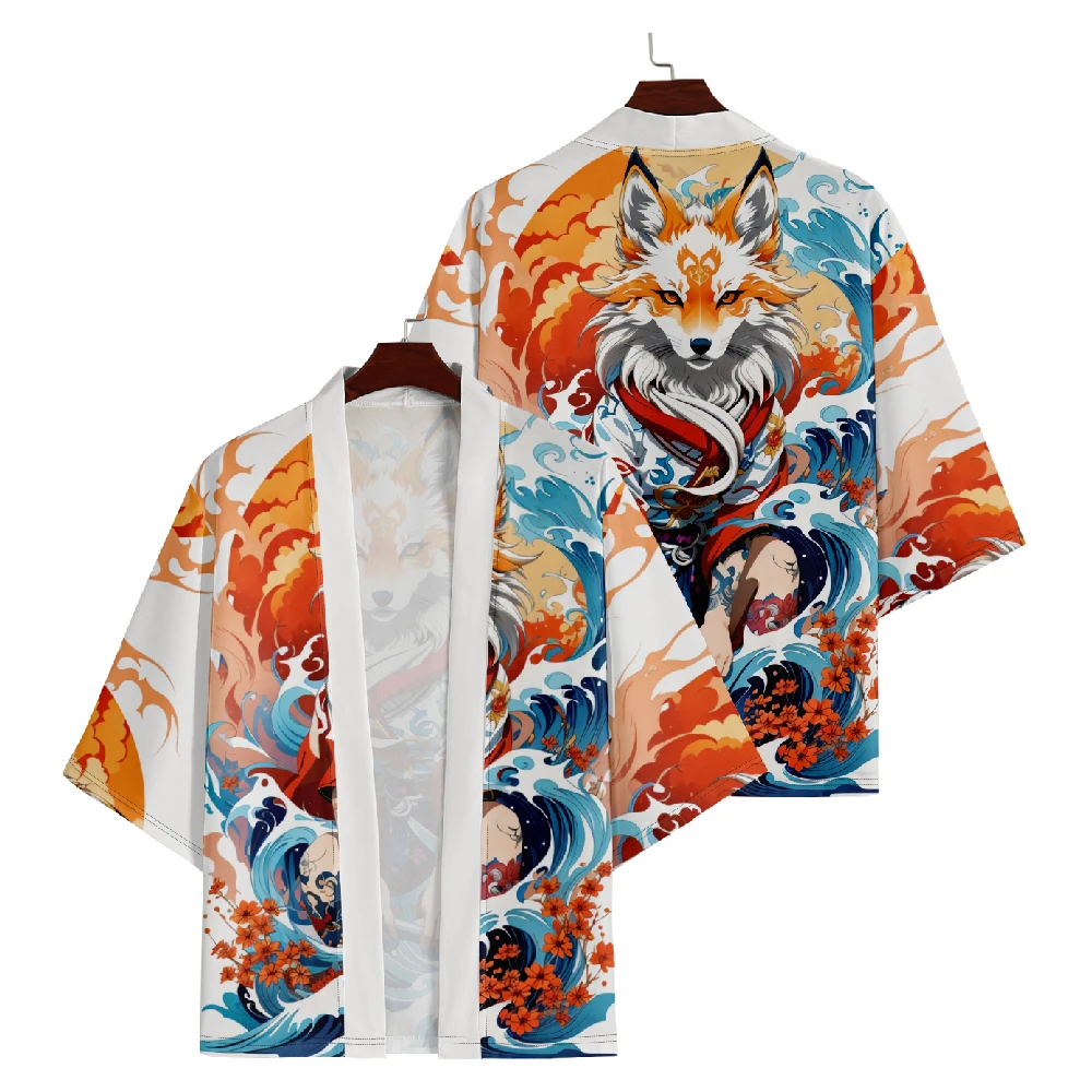 Japanese Anime Fox Wave Print Samurai Kimono Harajuku Men Women Cardigan Haori Summer Beach Yukata Asian Clothing