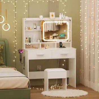 White Vanity Desk Set with LED Mirror, Power Outlet & Cushioned Stool 1