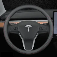 Nappa Leather Car Steering Wheel Cover For Tesla Model 3 Y S X 2019 - 2025 4 Seasons 36-38 CM Black Auto Interior Accessories 5