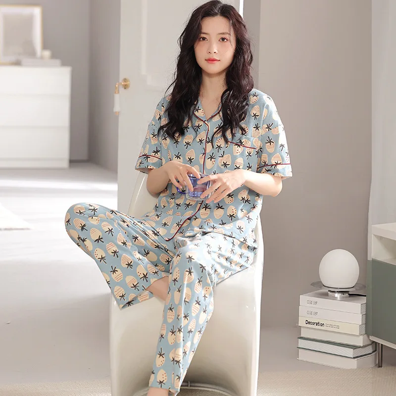 Summer Women's Thin Pure Cotton Pajamas Lapel Short Sleeve Cardigan Pants Oversized Loose Fitting Casual Home Clothing Set