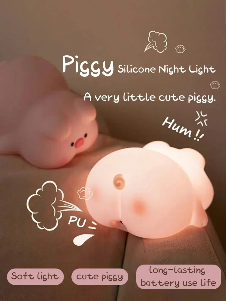 LED Pink Piggy Silicone Night Light Sleeping Mode Touch Dimmable Eye Protecion Rechargeable Night Lamp for Bedromm Beside