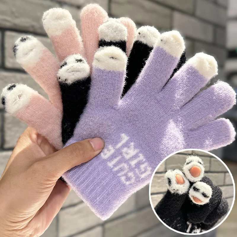 Women's Touchscreen Five-finger Knitted Wool Gloves Ladies Christmas Snowflake Student Outdoor Winter Warm Fingertip Mittens