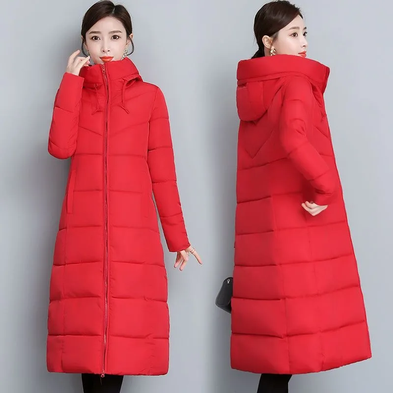 2023 New Women Down Cotton Coat Winter Jacket Female Mid Length Version Large Size Slim Fit Parkas Outwear Hooded Overcoat